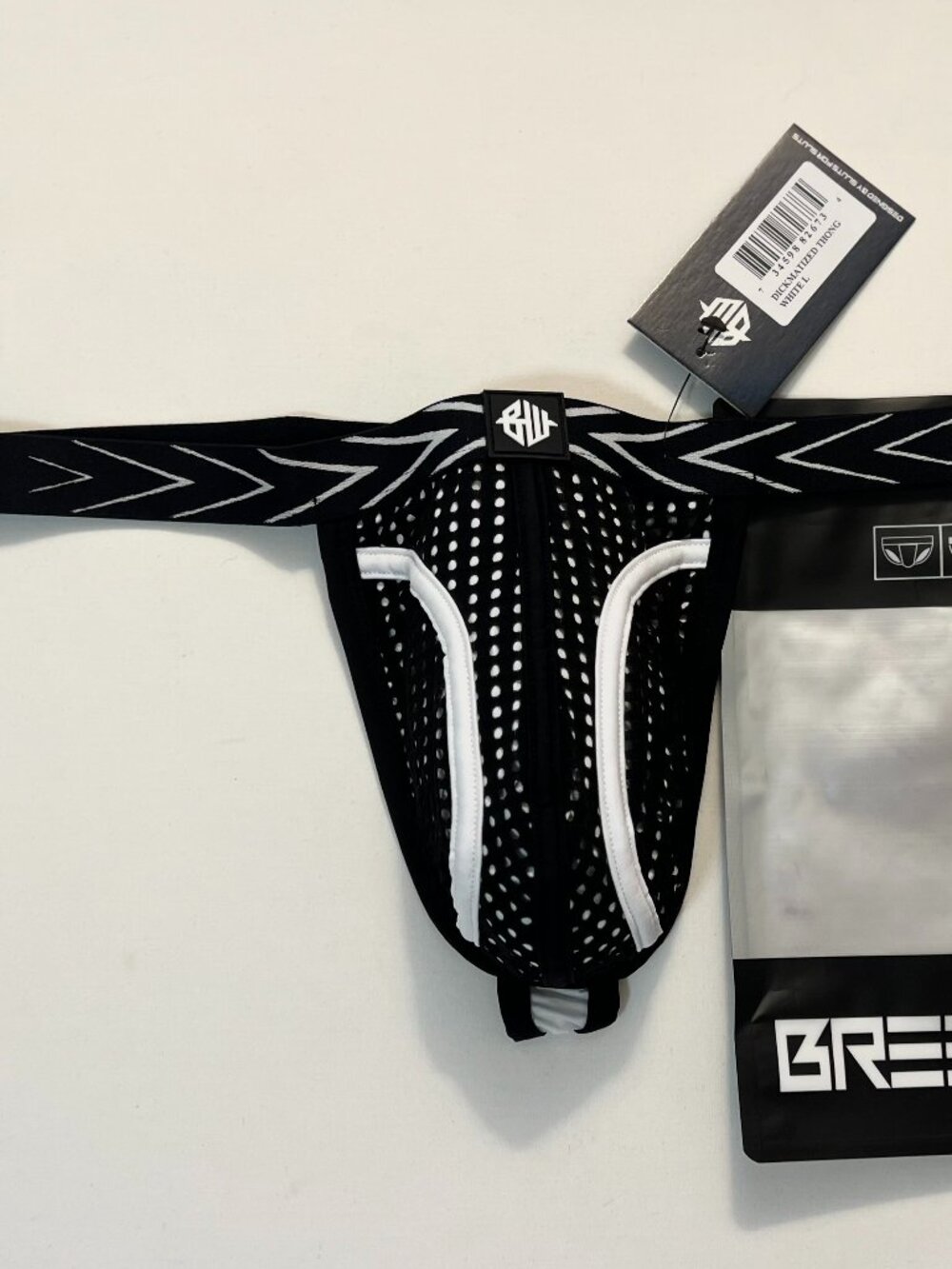 BREEDWELL Size "L" Dickmatized Nylon Blend T-Back Thong - Black/White